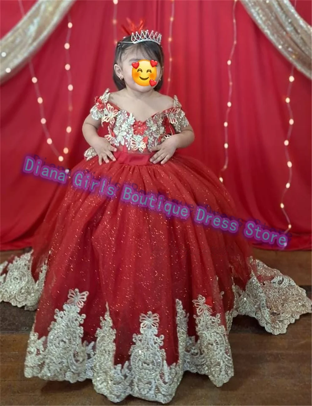 Gorgeous Quality Flower Girl Dress Red Tulle Fluffy Gold Lace Applique For Wedding Ball Dresses Kids Birthday Party Evening Gown