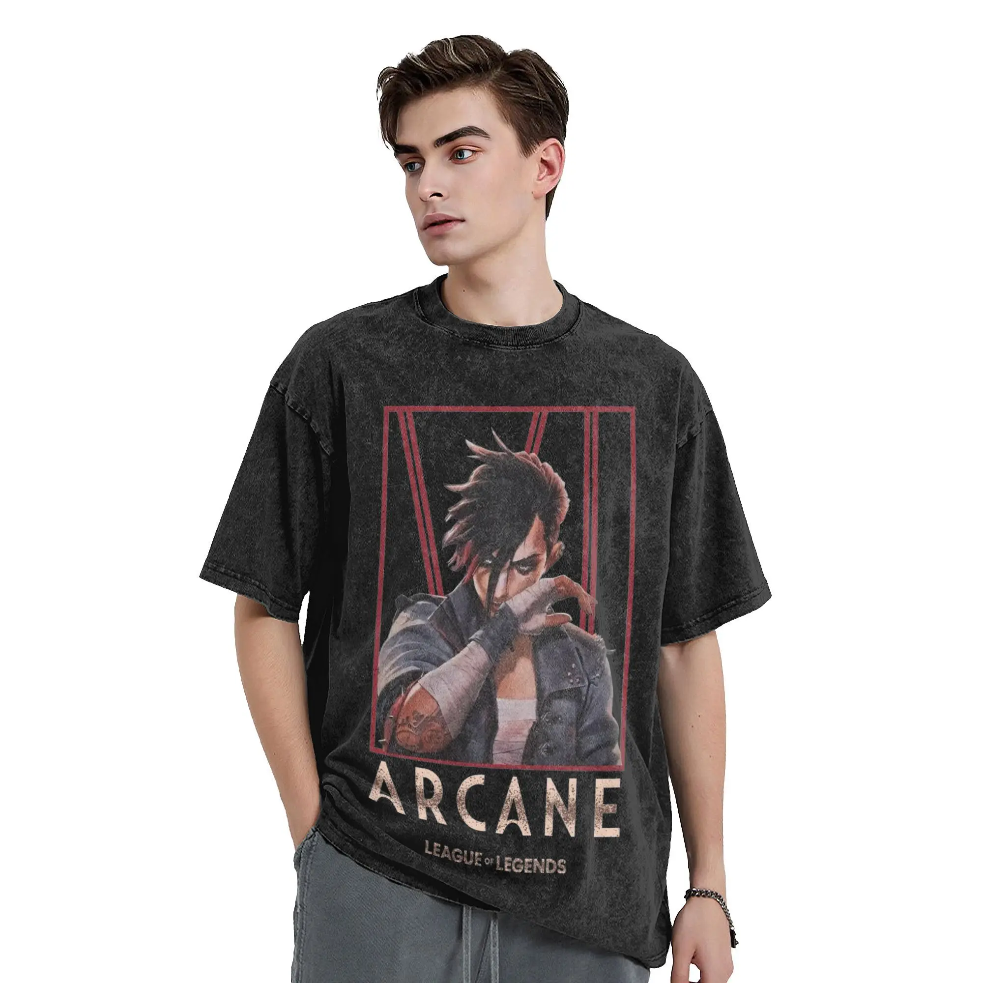 Vi Arcane Violet Character Movies Washed T Shirt Streetwear Hip Hop Vintage T-Shirt Tees Tops Men Women Short Sleeve High Street