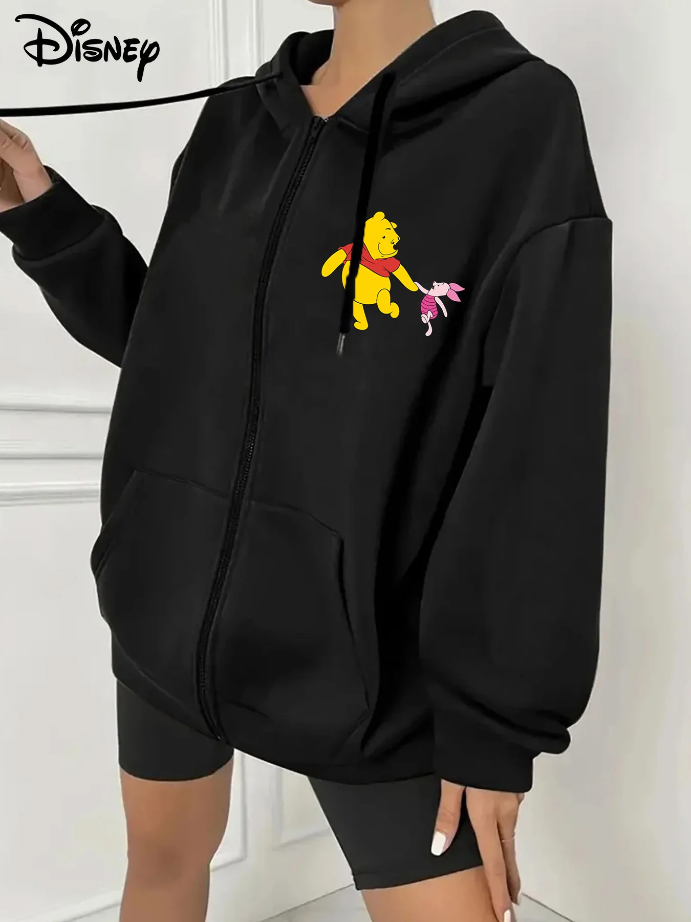 Moletom feminino de lã aconchegante da Disney com Winnie the Pooh Piglet Design cinza com zíper pulôver de manga comprida