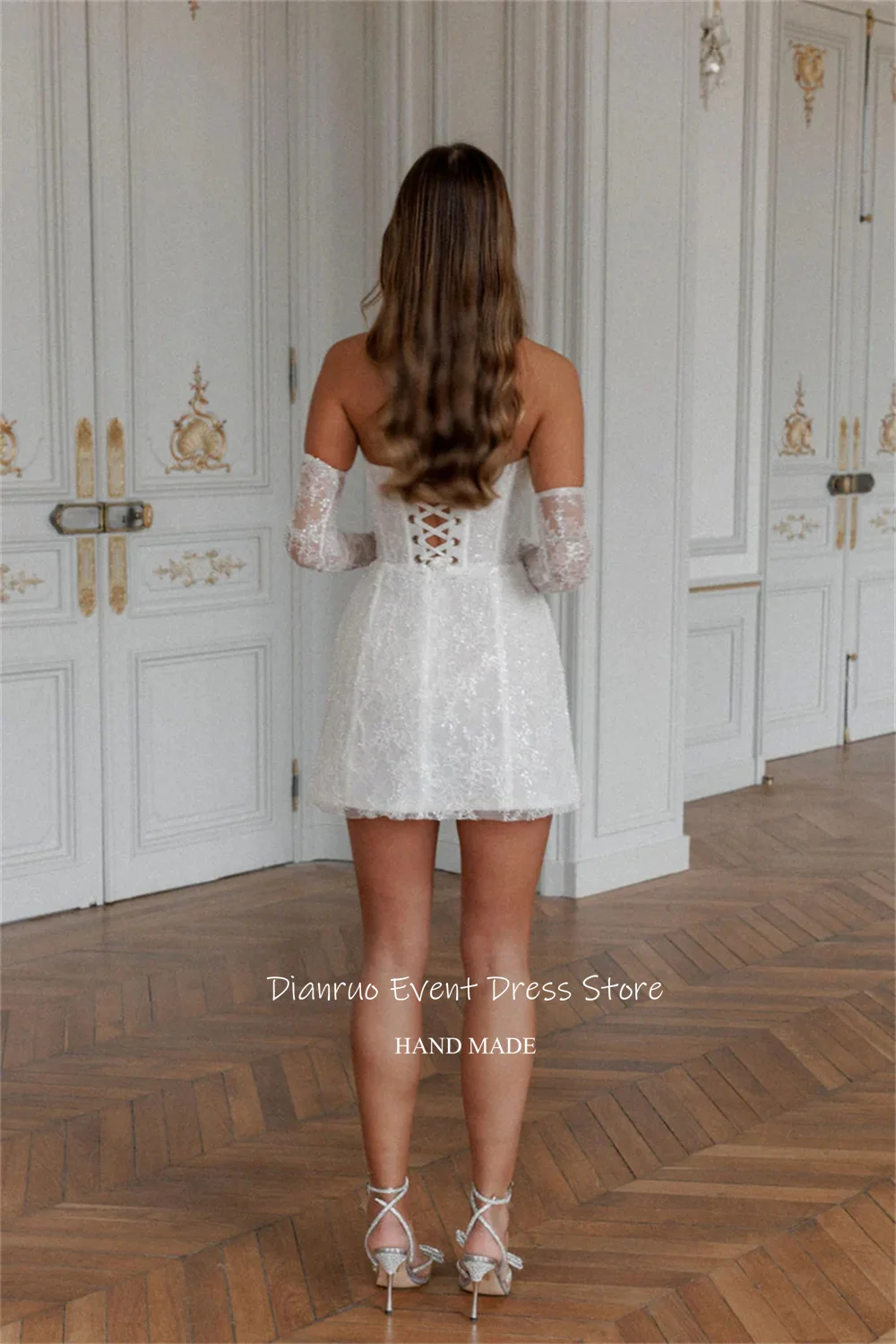 Dianruo Sexy Mini A Line Wedding Dresses Strapless Sequined Bride Gowns Lace High Quality Simple White Prom Dresses Customized