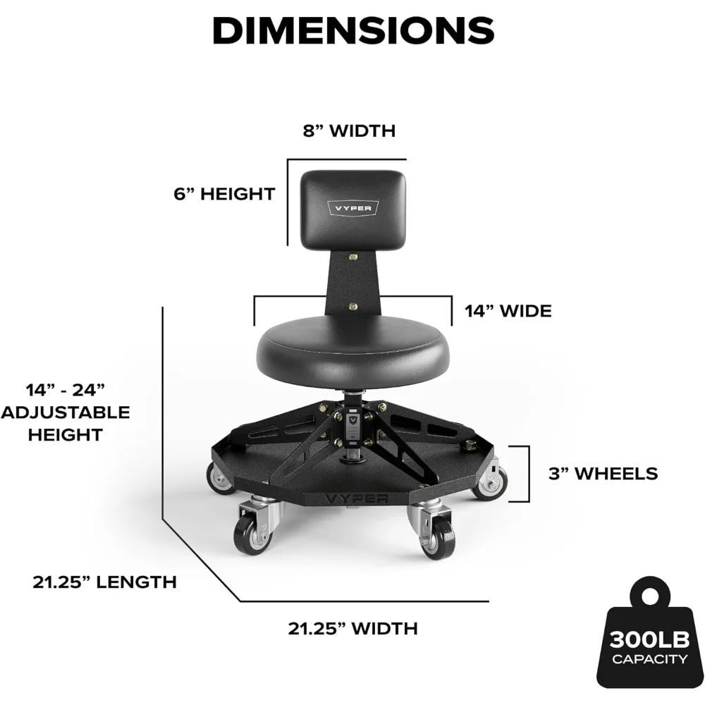 كرسي متجر رياضي فولاذي للميكانيكا والسيارات DIY - مقعد جراج بسعة 300 رطل مع مسند ظهر وعجلات كبيرة