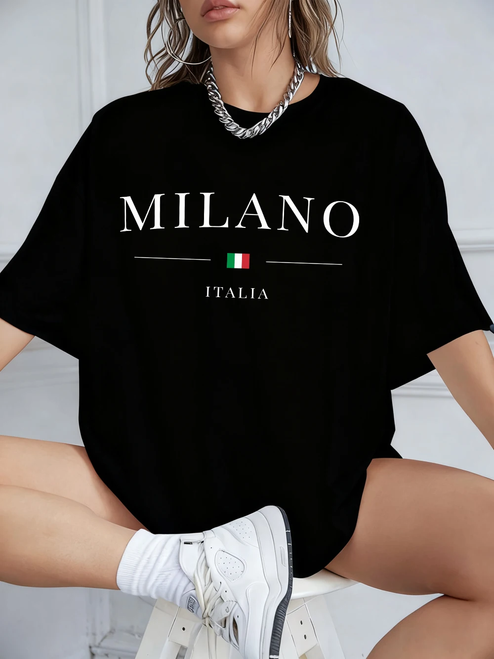Milano Italia Letter Prints T-Shirts Womens Summer Cotton T Shirts Loose O-Neck Comfortable Short Sleeve Tees Casual Woman Tops