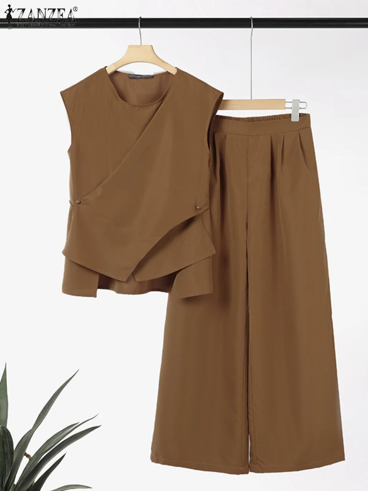 2025 ZANZEA 여름 바지 세트 2PCS Office 여성 의상 솔리드 워크 OL Tracksuits 우아한 민소매 블라우스 슈트 매칭 세트