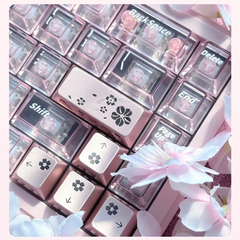 Sakura Metal Theme Keycaps Set Aluminum Alloy Cherry Profile Hollow Custom Original Handmade Keycaps for Mechanical Keyboard