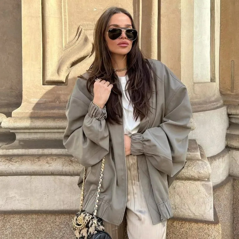 Bobo Grey Oversized Jacket Women's 2024 Fashion Pockets Decorative Elastic Cuffs Round Neck Coat Femme Street Casual Loose Coats