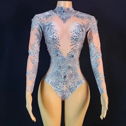 Sparkly Rhinestones Long Sleeve Bodysuit for Women Sexy Performance Dance Costume Nightclub Singer Dancer Stage Photoshoot Wear
