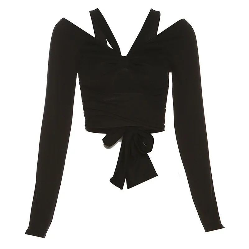 

Wind 2023 Summer New Women's Clothing Solid Color Slim Fit Exposed Navel Street Fashion V-Neck Long Sleeved T-Shirt For Women
