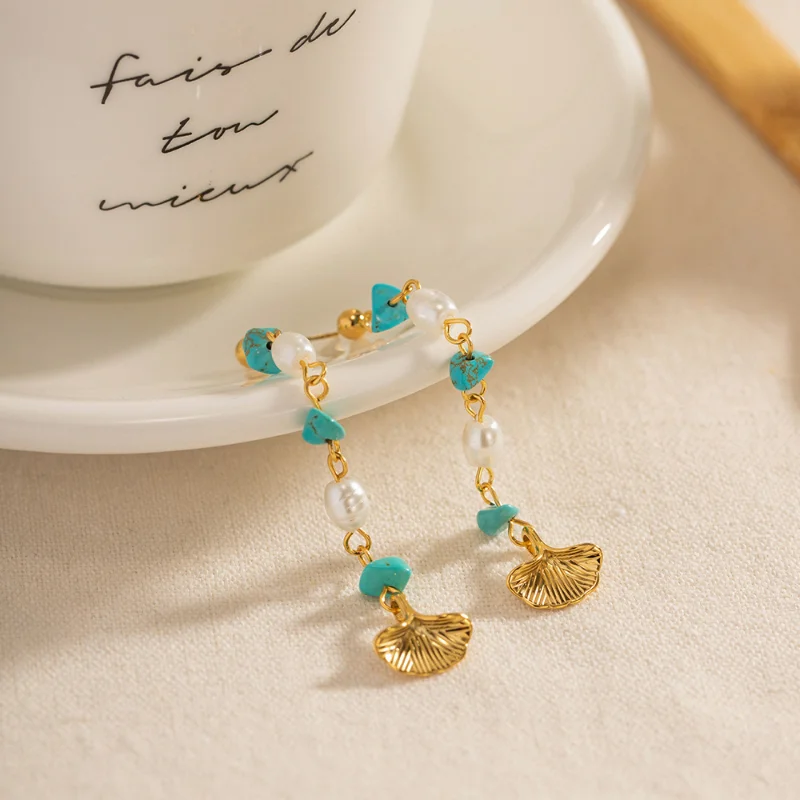 ALLNEWME Retro Freshwater Pearl Tassel Drop Earrings  Gold PVD Plated Stainless Steel Turquoise Leaves Earring for Women Gift