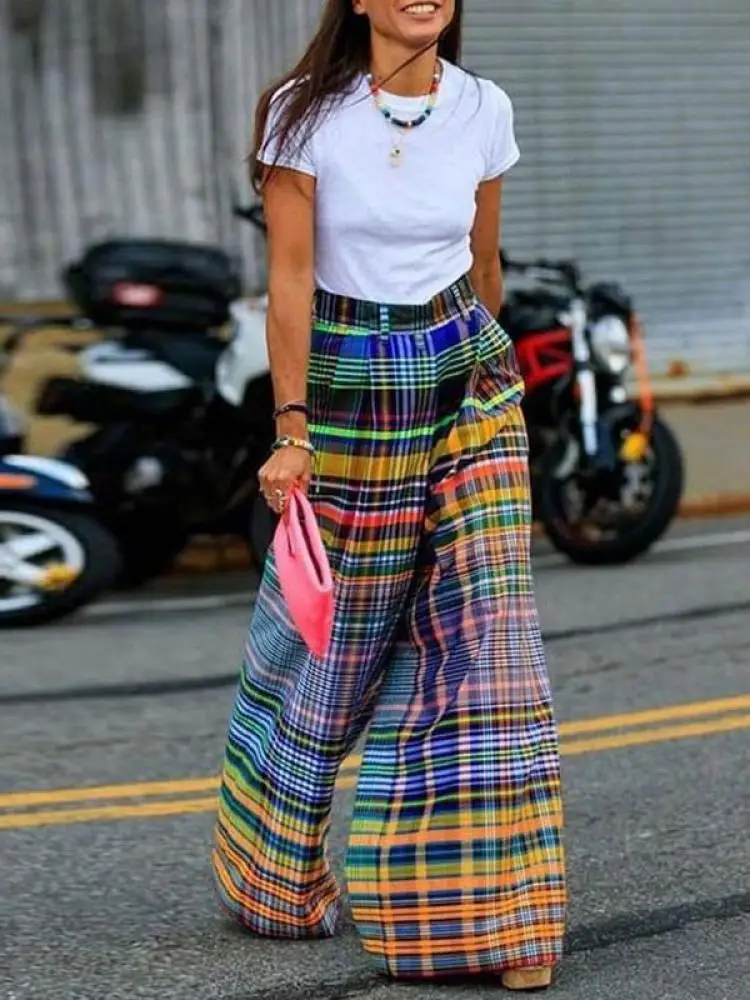 Missuoo 2024 New Female Vintage Multi-colored Plaid Pants Spring and Summer Loose Casual Floor-length Wide Leg Pants for Women