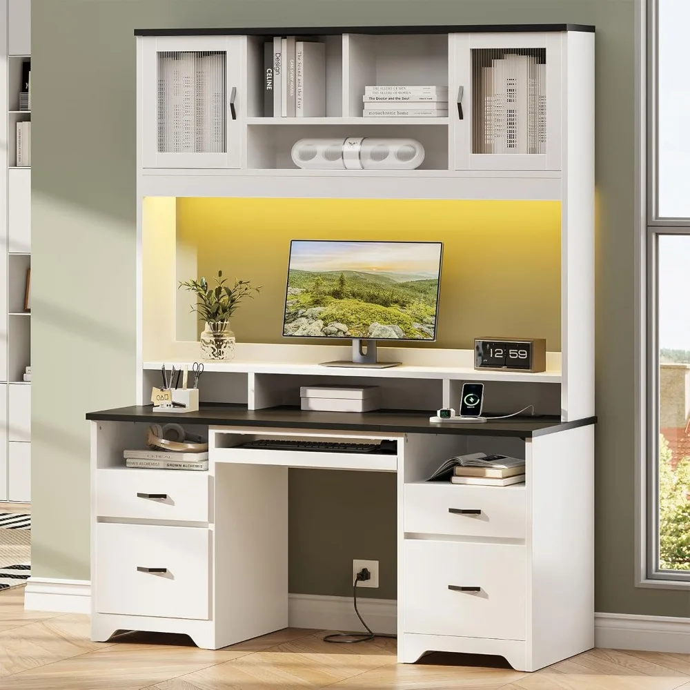 

"Modern Executive Wood Desk with Hutch, Drawers, Charging Station, LED Lighting, and Fluted Storage"