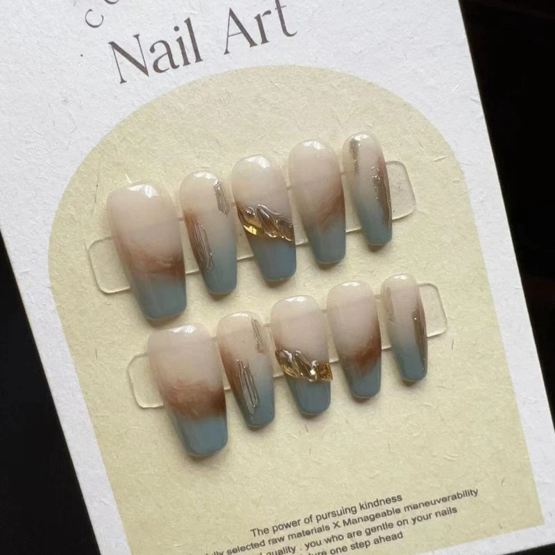 Faux Ongles à Pression, Couverture Complète, Patch Fait à la Main, Perfecambre Brume, Bleu Français, Champagne Diamant, N64.DIY, 10 Pièces/Ensemble