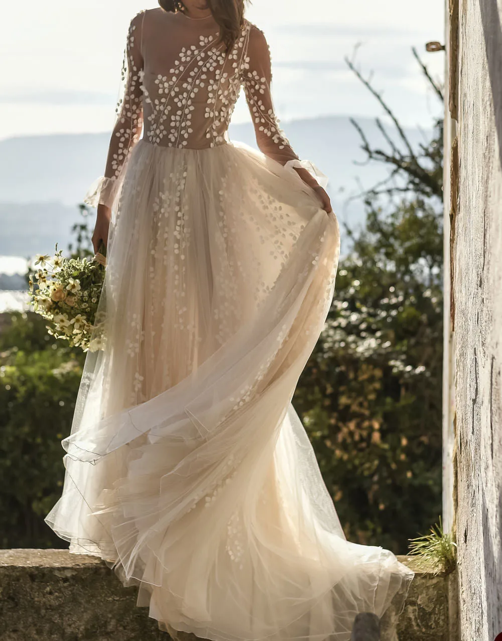 Vestidos de casamento de praia marfim, Pura Jewel Neck, Lace Boho, Vestidos De Noiva Boêmios, Manga Longa Sem Costas, Vestido De Noiva