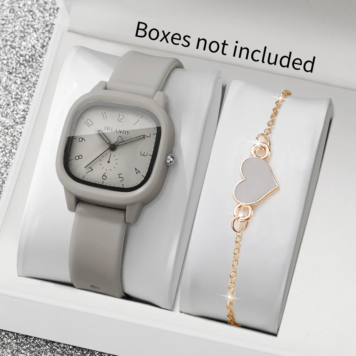 2PCS Fashion Square Women Watch Heart Bracelet Set Casual Arabic Silicone Strap Quartz Wristwatches Relogio Feminino(Without Box