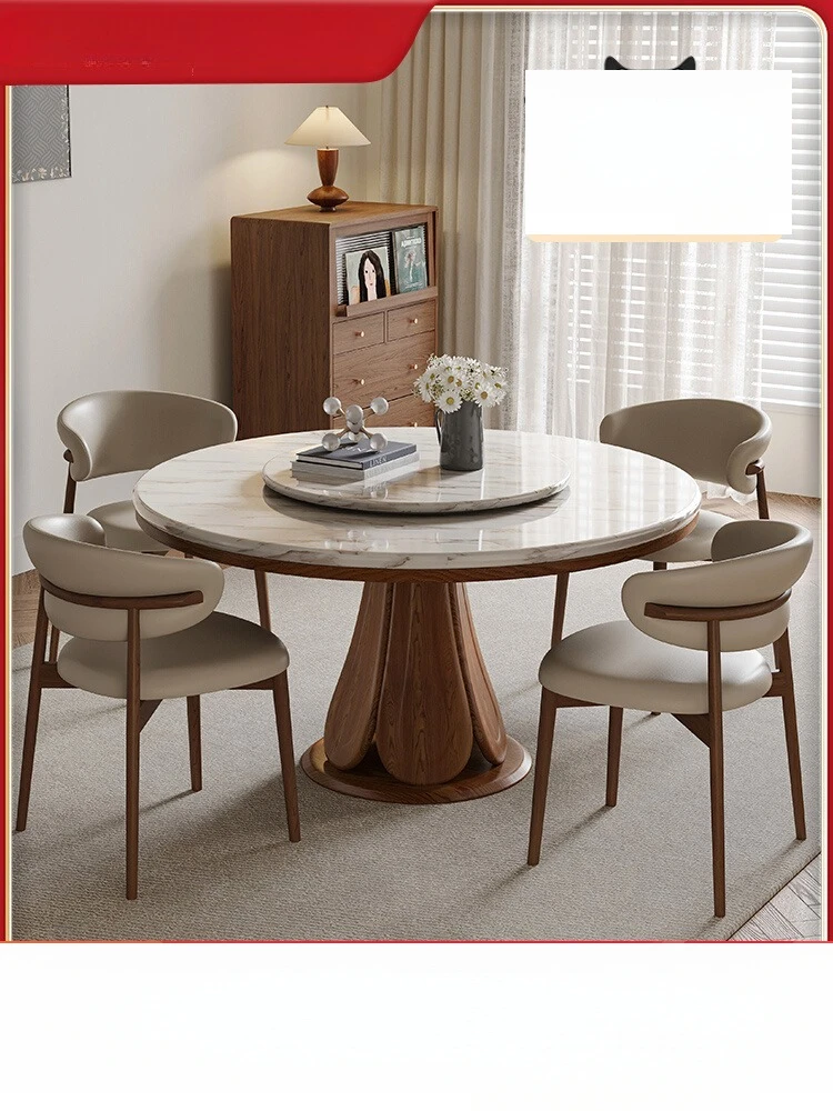 

Marble dining table and chair combination medium ancient solid wood round dining dining household round modern