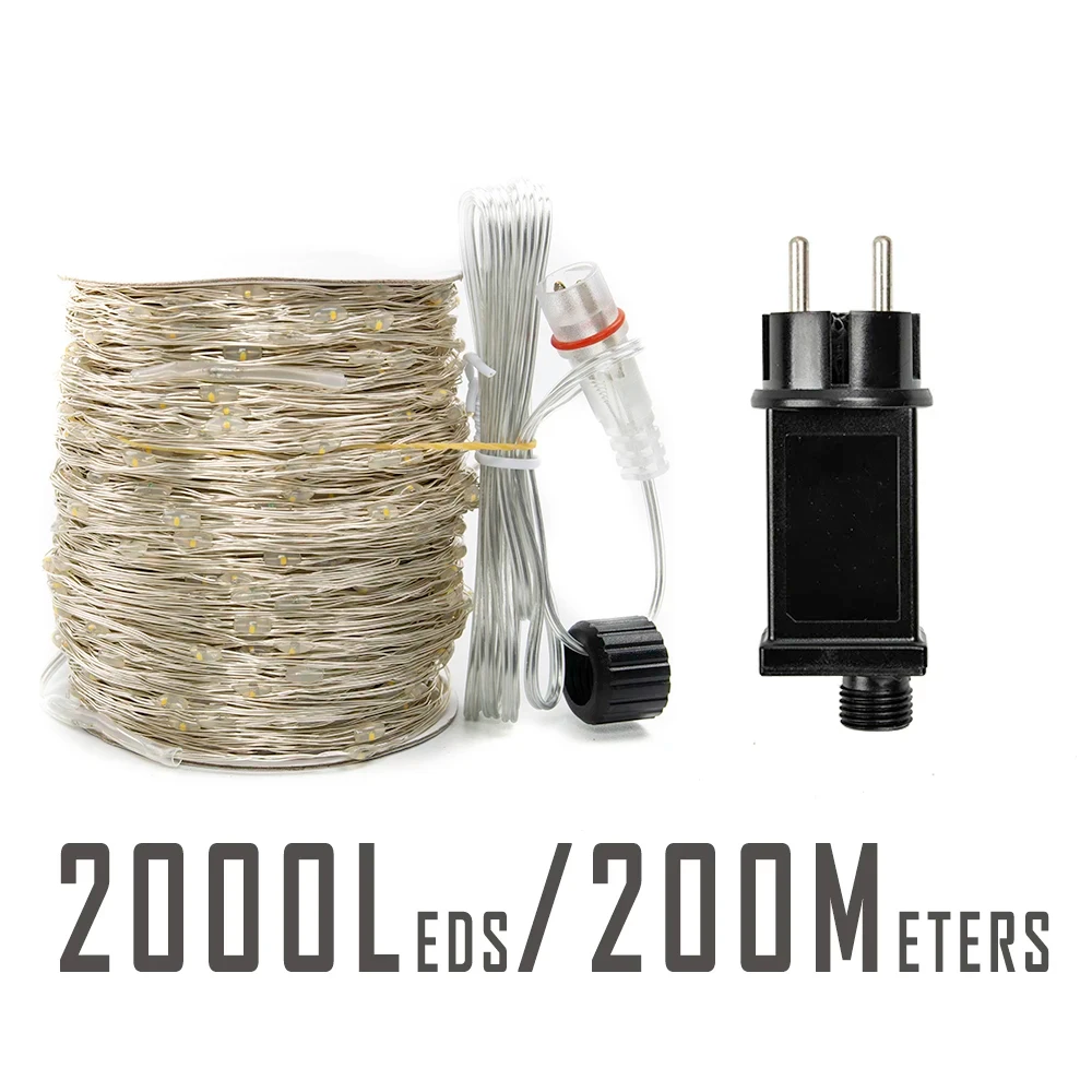 200 متر 2000 المصابيح الجنية سلسلة أضواء الفضة سلك في للشجرة في الهواء الطلق عيد الميلاد عطلة الزفاف حديقة غرفة الديكور