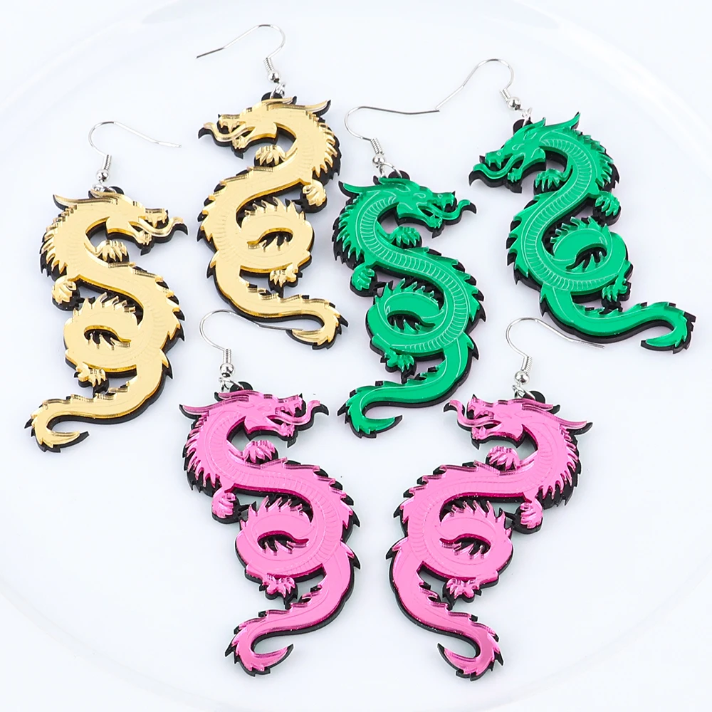 

Hip Hop Mirrored Acrylic Chinese Dragon Drop Earrings for Women Exaggerated Loong Animal Dangle Earring Personalized Jewelry