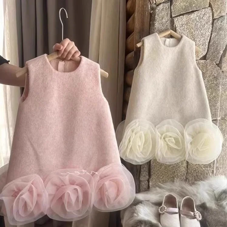 

Floral Vest Dress Elegant Style Long Sleeve Birthday Girl's Dress Autumn Winter New Arrival Children's Clothing