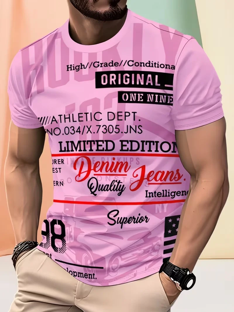 Mens T-shirt pink base stacked vintage text number slogan layered letter graphic print short sleeve crew neck casual street top