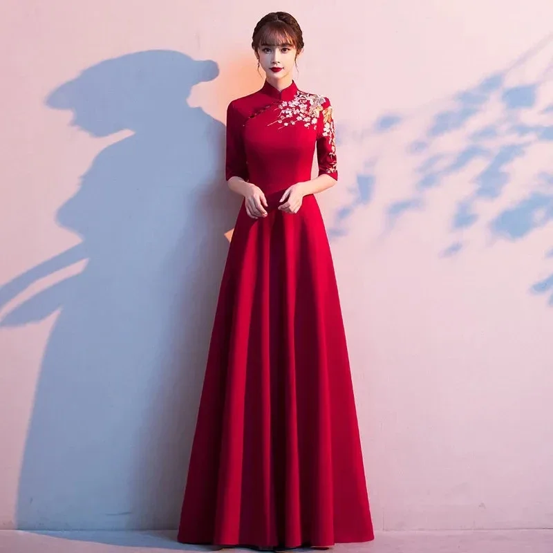 

Красное вечернее платье Cheongsam, новое осеннее винтажное китайское платье для тостов, элегантное длинное женское платье с воротником-стойкой, вечерние Vessios XQ87