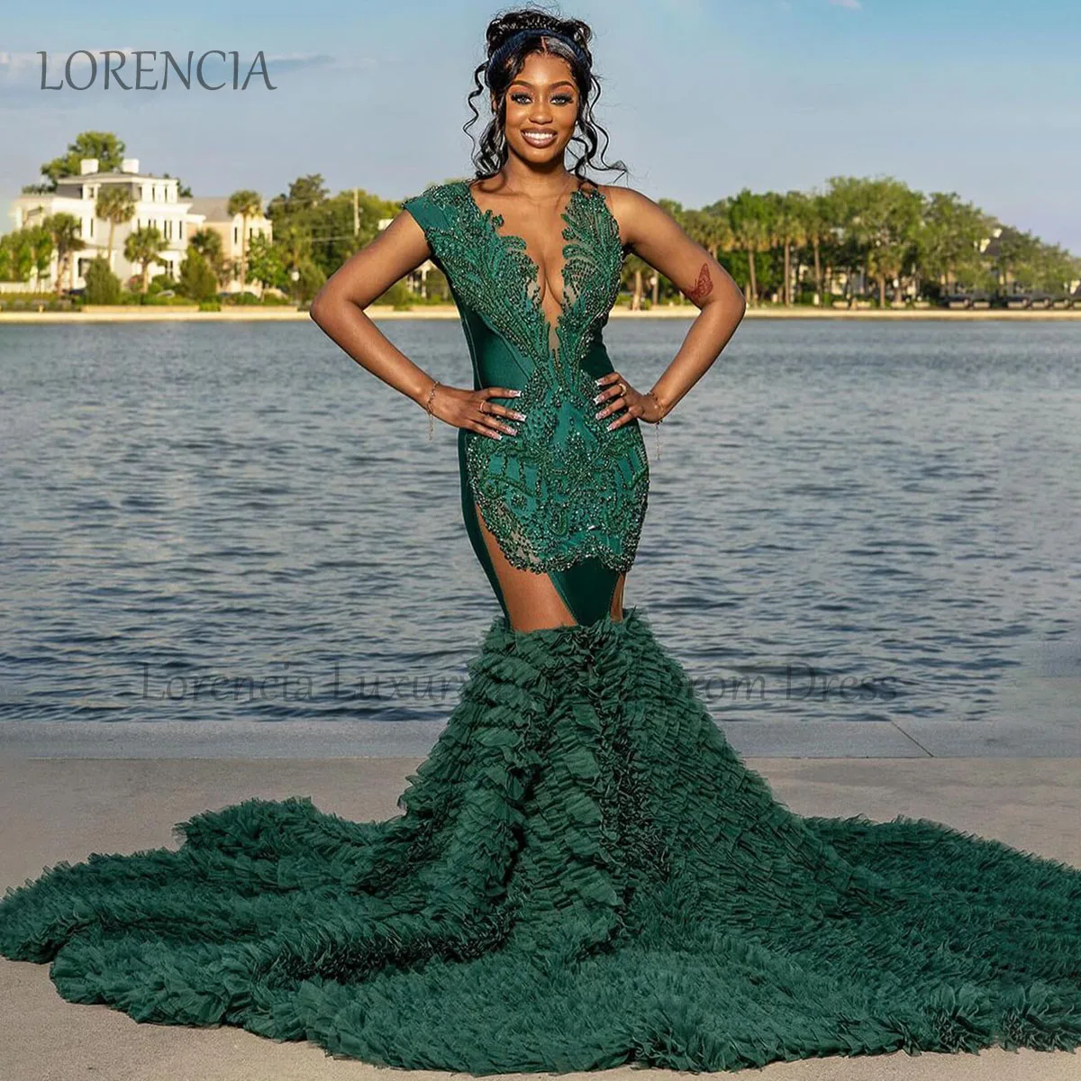 

Sparkly Green Long Mermaid Prom Dress 2024 Sleeveless Formal Ruffle Evening Party Gown Sexy Custom Size Crystal Robe de Soiree