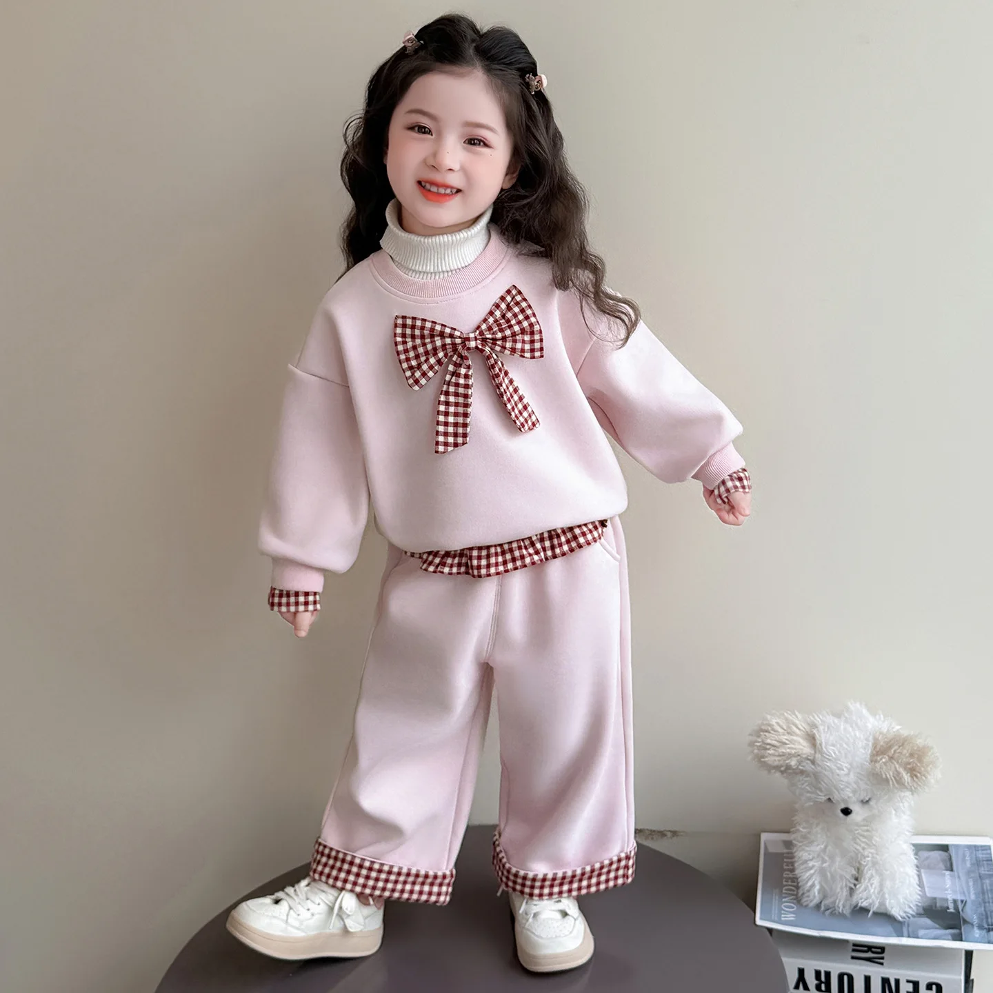 conjunto-de-ropa-coreana-de-invierno-para-ninos-y-ninas-conjunto-de-ropa-de-dos-piezas-con-lazo-a-cuadros-sudadera-de-lana-para-chico-y-nina-chandal-con-pantalon-recto-para-ninas