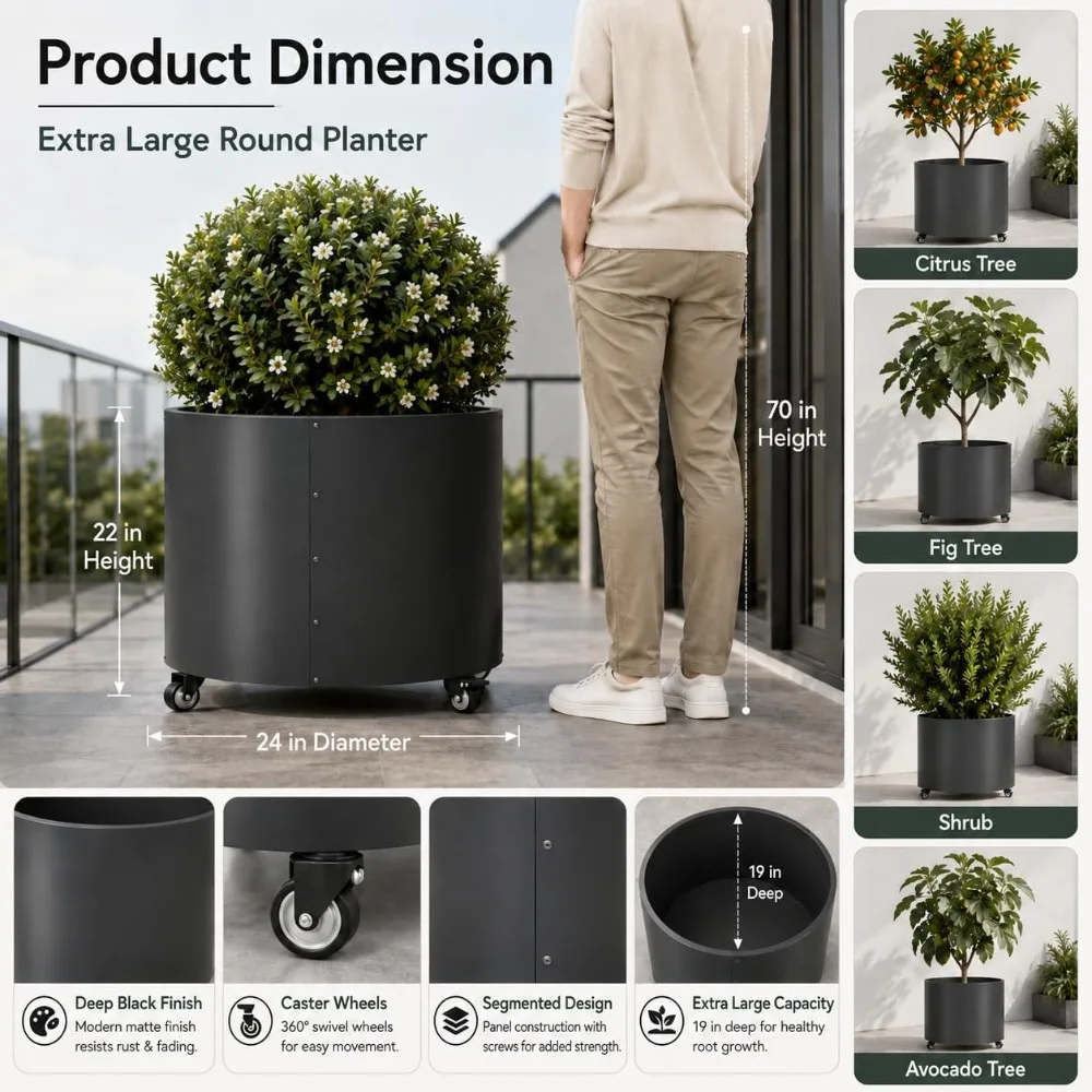 2 Pack Rolling Planter for Tree, 30 Gallon Large Metal Tree Pots for Outdoor