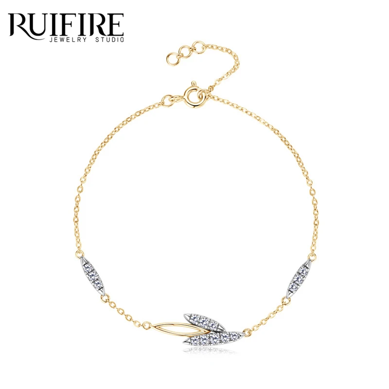 

RUIFIRE Moissanite Leaf Bracelet S925 Sterling Silver 14K Gold Plated Shiny Leaves Chain Bracelets for Women Elegant INS Jewelry