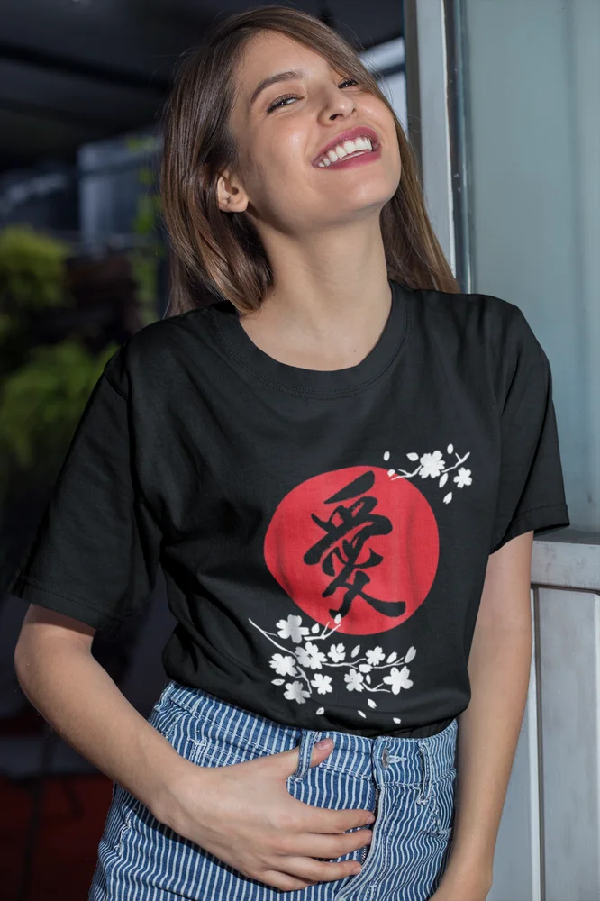 Love Vintage Japanese Kanji and Cherry Blossom Short-Sleeve Unisex T-Shirt