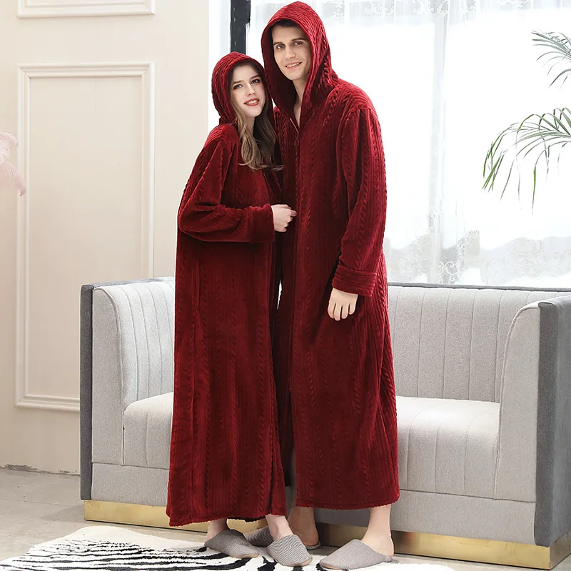 Couple Coral Fleece Hooded Extended Robe Zipper Warm Thicken Kimono Gown Autumn Winter Thick Bathrobe Sleepwear Casual Home Wear