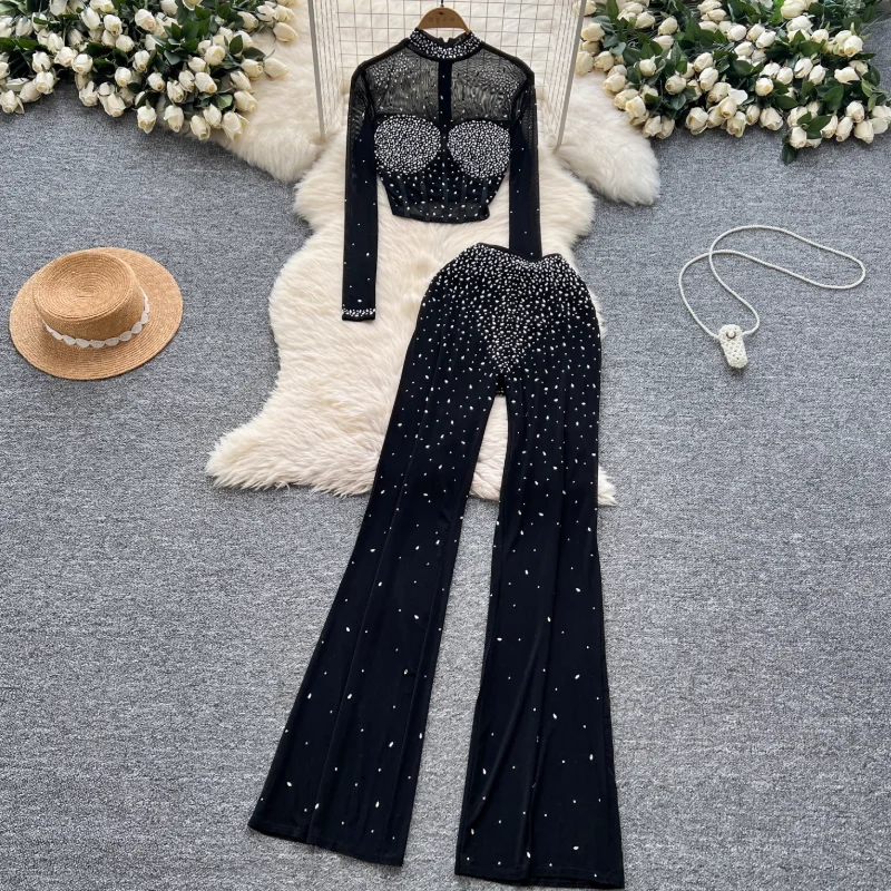 الأوروبية والأمريكية مثير شبكة حجر الراين قصيرة أعلى سليم صالح السراويل قطعتين مجموعة