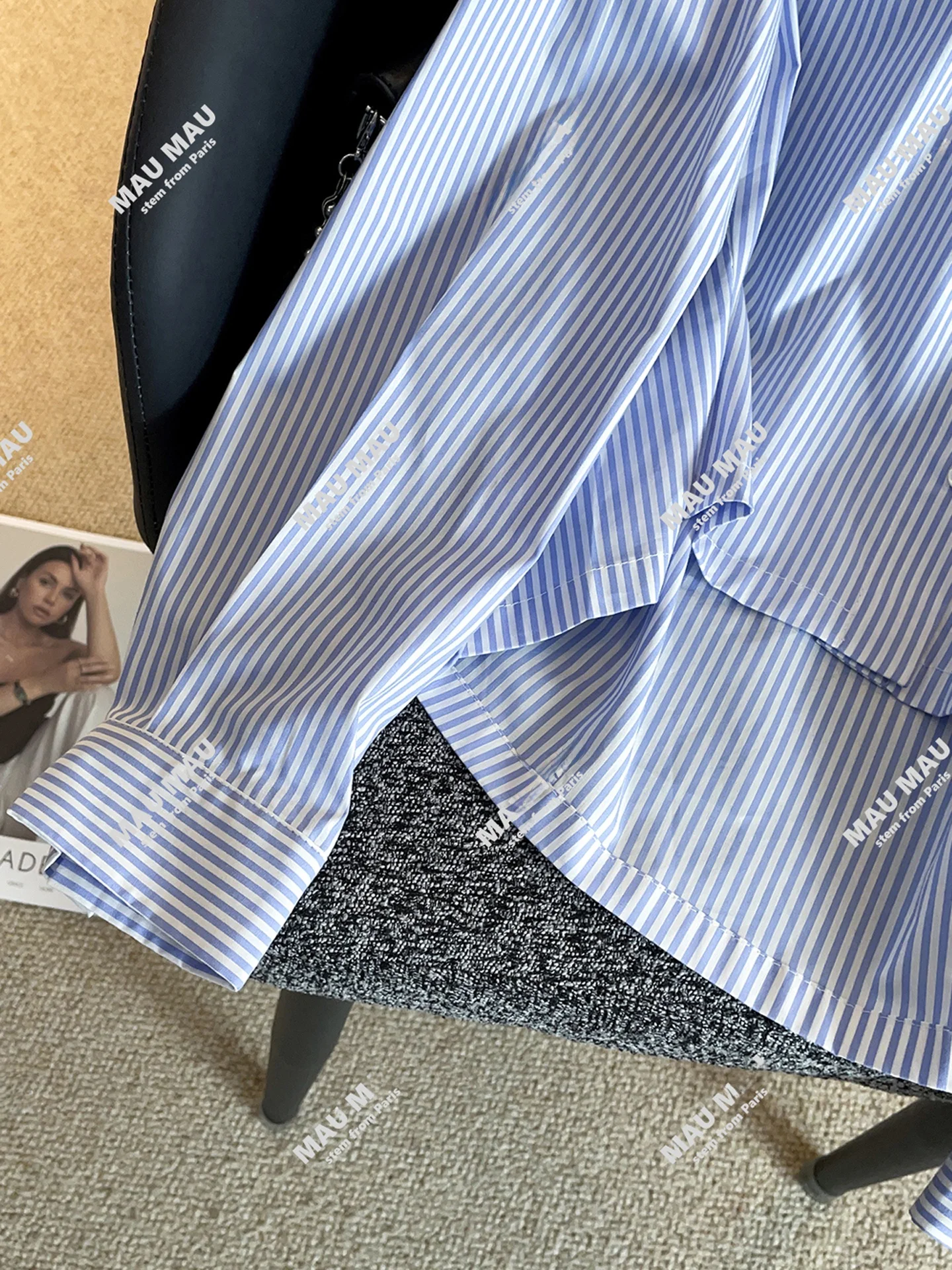 قميص نسائي راقٍ بتصميم مخرم ومخطط مع زهور مرصعة، أسلوب كاجوال للعمل، قصة فضفاضة بأكمام طويلة وأزرار