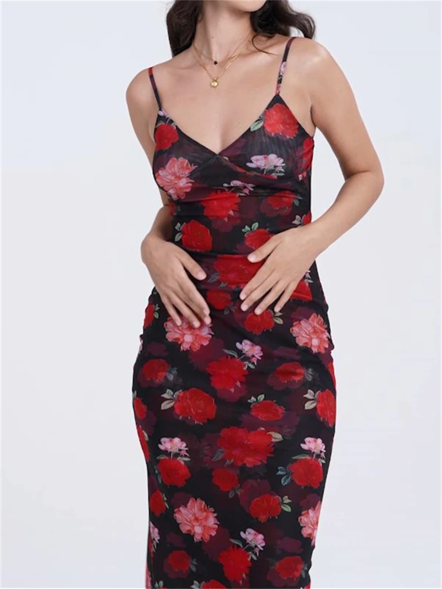 فستان نسائي طويل بطبعة زهور عتيقة ، حزام سباغيتي ، ملاصق للجسم ، بلا أكمام ، رقبة حرف V ، عاري الظهر ، ملفوف ، حفلة مسائية