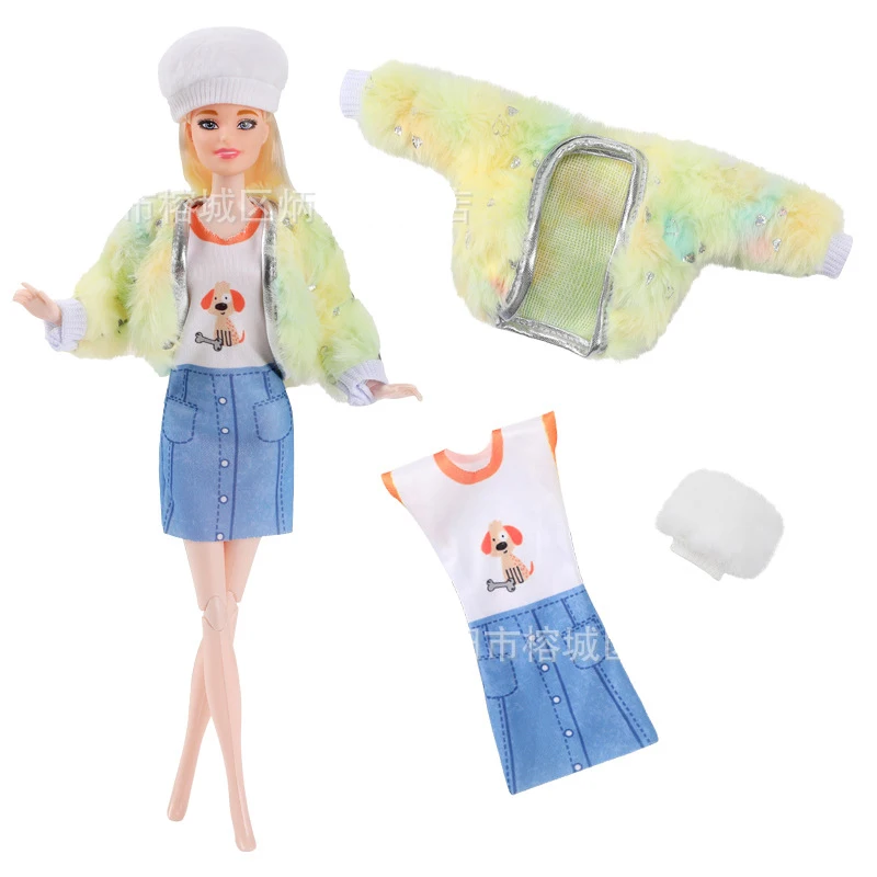 Fashion Winter Short Plush Jacket+Sweet Cute Dress+Plush Hat Set For 1/6 FR Babi Supermodel Doll Daily Dress Up Clothes Parts