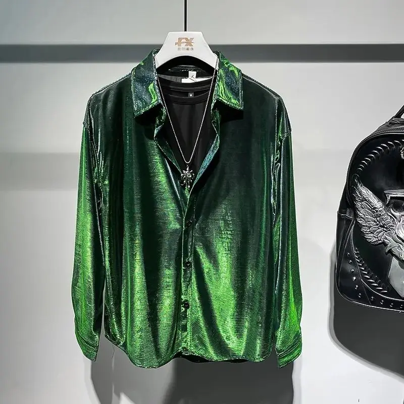 New Autumn Draped Liquid Metal Changeable Fashion Design Versatile Men's Shirt