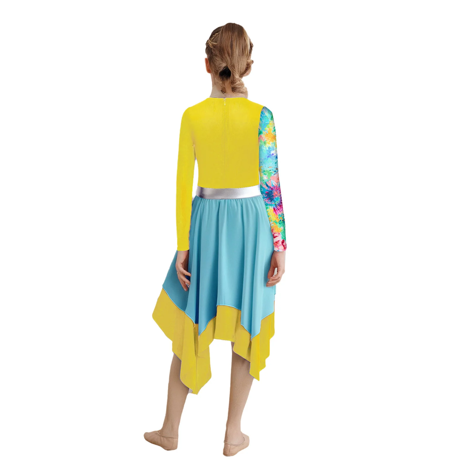 Kids Girls Contemporary Praise Dance Dress Long Sleeve Stylish Printed Choir Church Worship Dress Ballet Lyrical Stage Costume