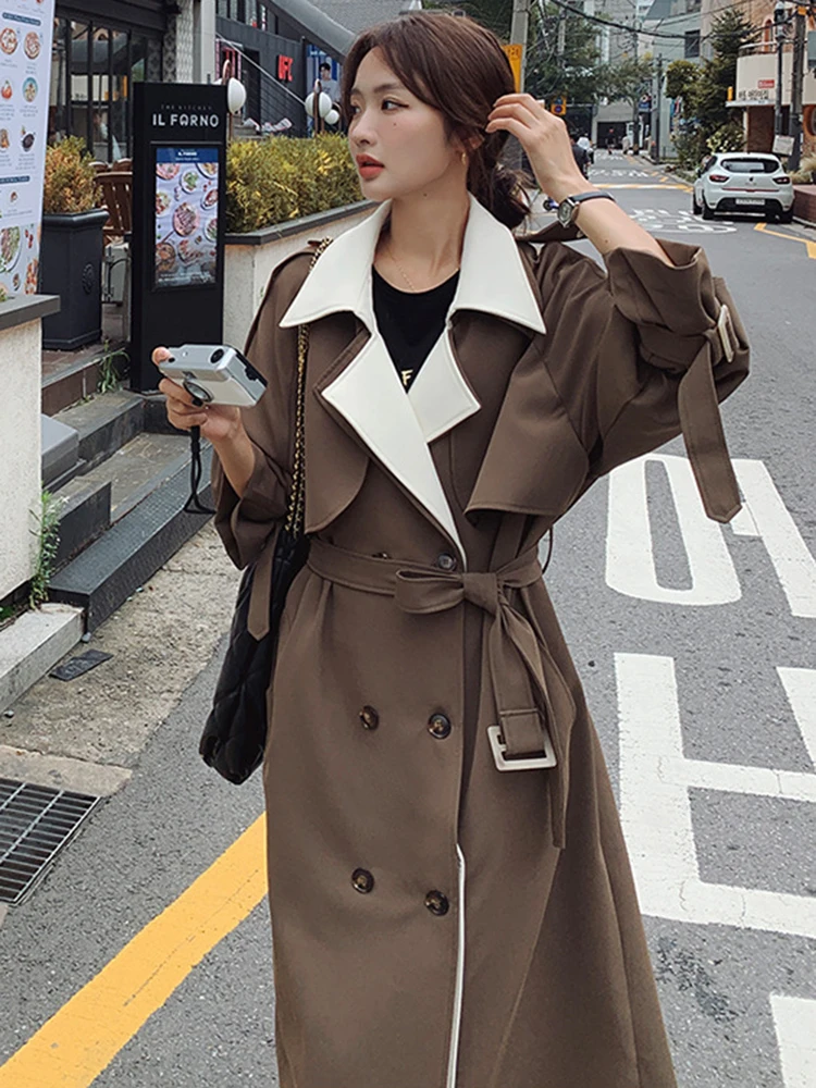 LANMREM Vintage Contrast Color Trench Coat Women Lapel Belt Double Breasted Windbreaker Fashion 2023 Autumn New Clothing 2AA3101