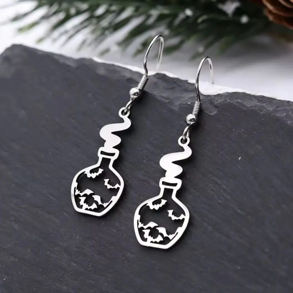 Spooky Magic Vial Hook Earrings Stainless Steel Long Dangle Earrings Bat Potion Bottle Halloween Costume Ear Ornaments