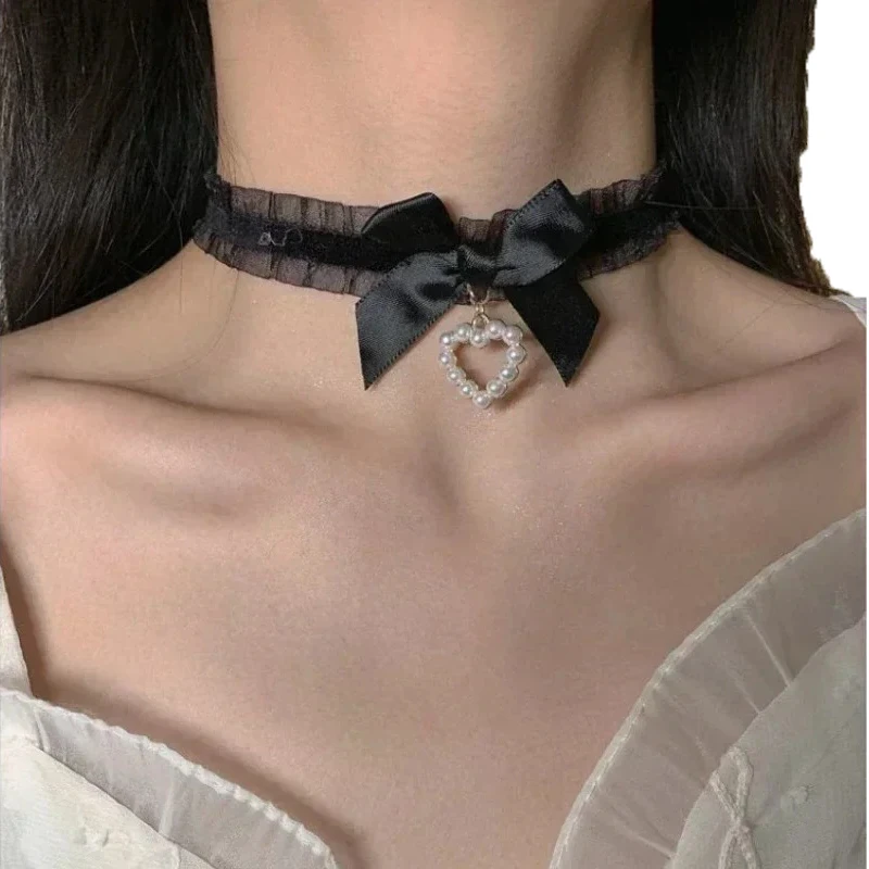 Preto branco colar de renda vintage fita arco gótico coração pingente colar para mulheres meninas doce lolita jóias 2025 nova gargantilha