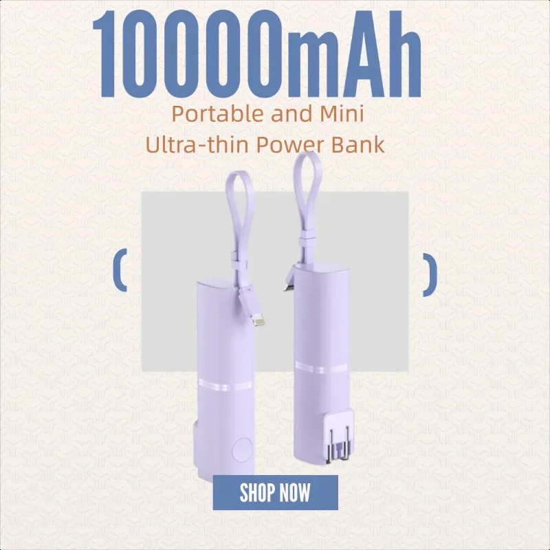 

Портативное зарядное устройство (Power Bank) со встроенной вилкой, ультратонкое, компактное, миниатюрное, со встроенным кабелем, быстрая зарядка, мобильный источник питания