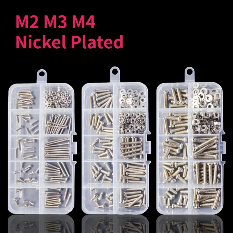 M2 M3 M4 Nickel Plated Carbon Steel Cross Phillips Round Pan Head Screw Bolt Nut Washer Assortment Kit Set Box
