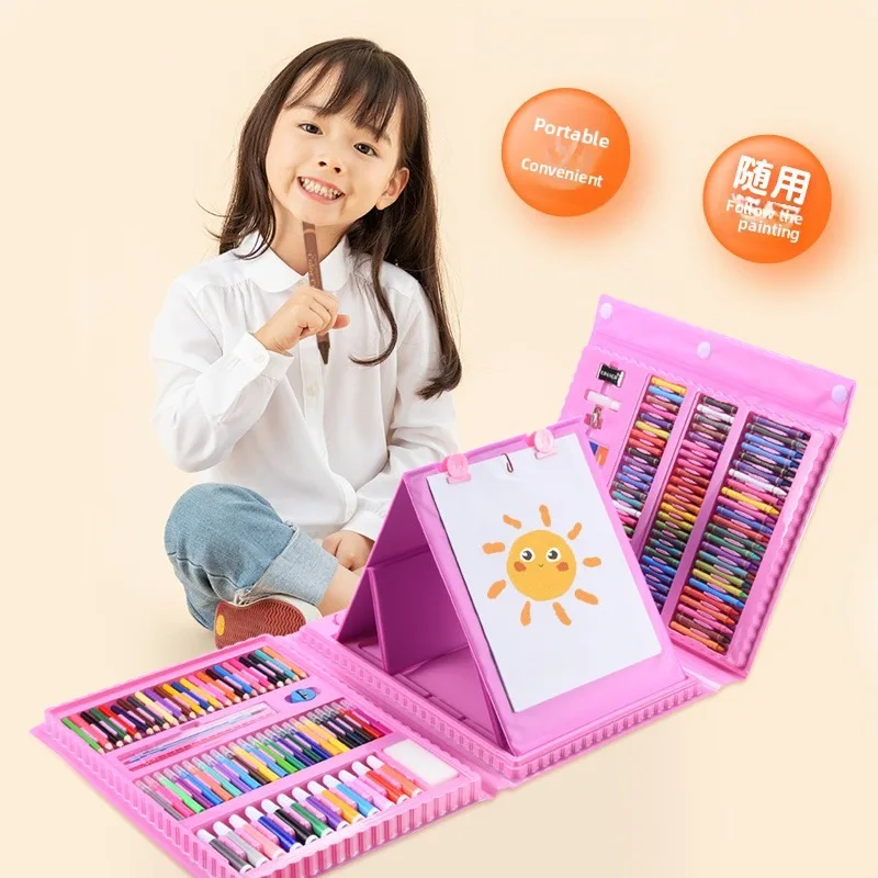 208ピース-キッズアートセット-クレヨン-水彩絵の具-折りたたみ式イーゼル付き-子供向けお絵かきギフト
