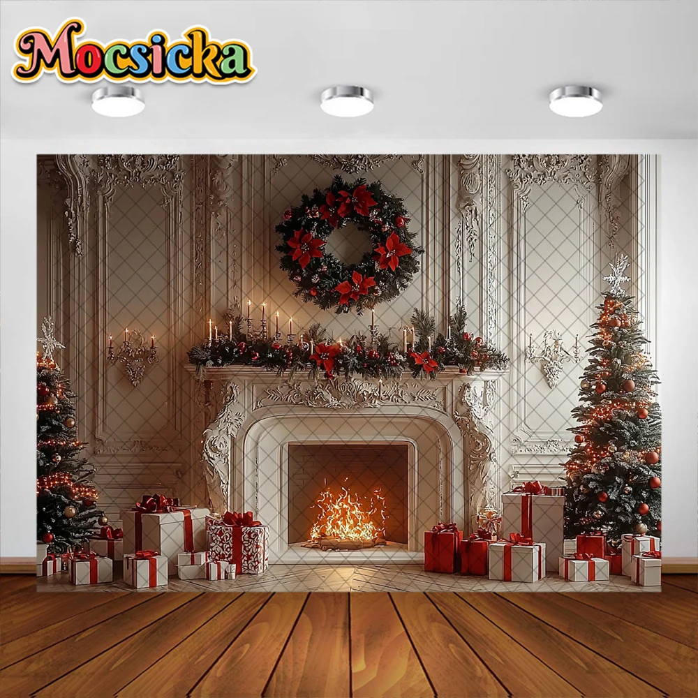 خلفية تصوير لغرفة الكريسماس ، مدفأة شجرة الكريسماس ، زخرفة إكليل الزهور ، خلفيات صور بورتريه ، مستلزمات الاستوديو ، الكبار والأطفال