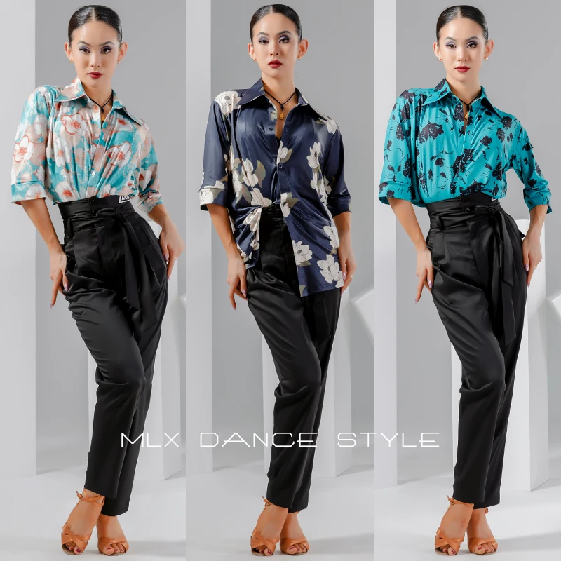 

Latin Dance Tops Women Printing Half Sleeve Shirt Rumba ChaCha Practice Wear Samba Tango Dance Costume Salsa Dancewear YS3766