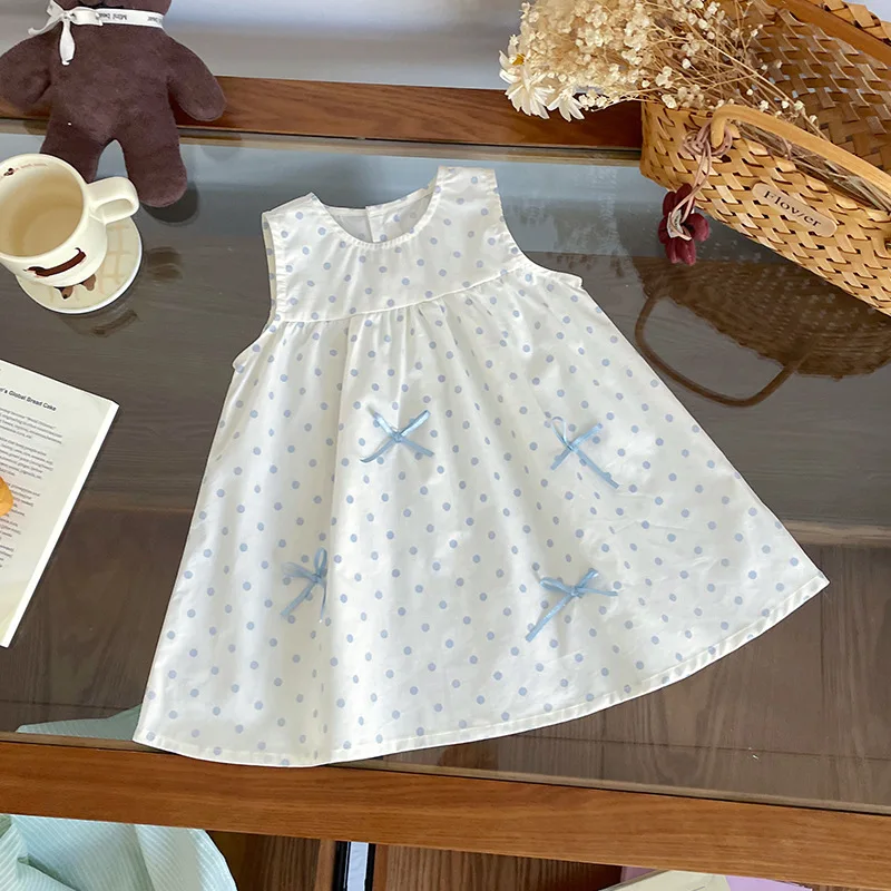 

ummer Toddler Baby Girls 100% Cotton Polka Dots Bow Button Back Sleeveless Dress Kids Cute Daily Skirt Children Outfit 0-7 Yr