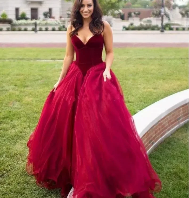 Red Strapless Sweetheart Backless Sleeveless Layered Transparent Stiff Gauze Evening Dress,Foor Length Special Dress Customized