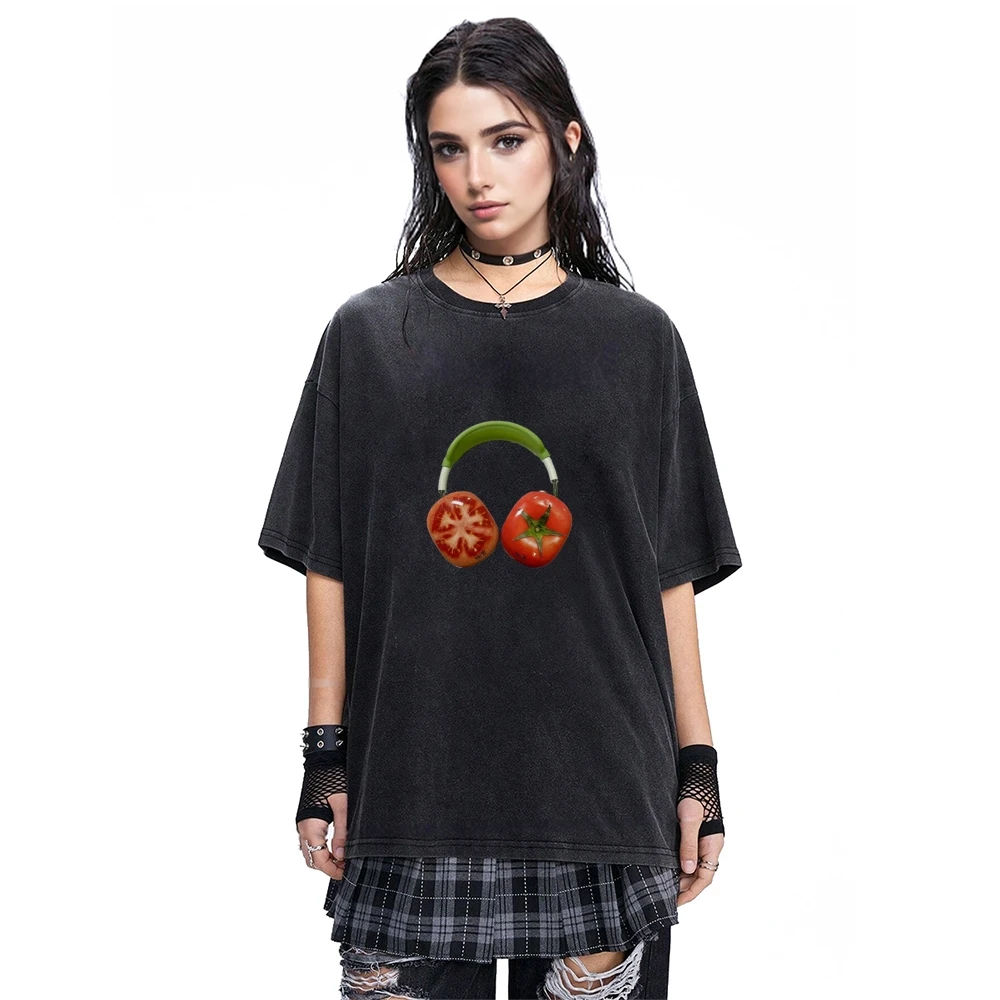 

Vintage Washed Black Oversized T Shirt with Unique Tomato Headphone Graphic Funky Streetwear Tee for Women Y2K Aesthetic Top