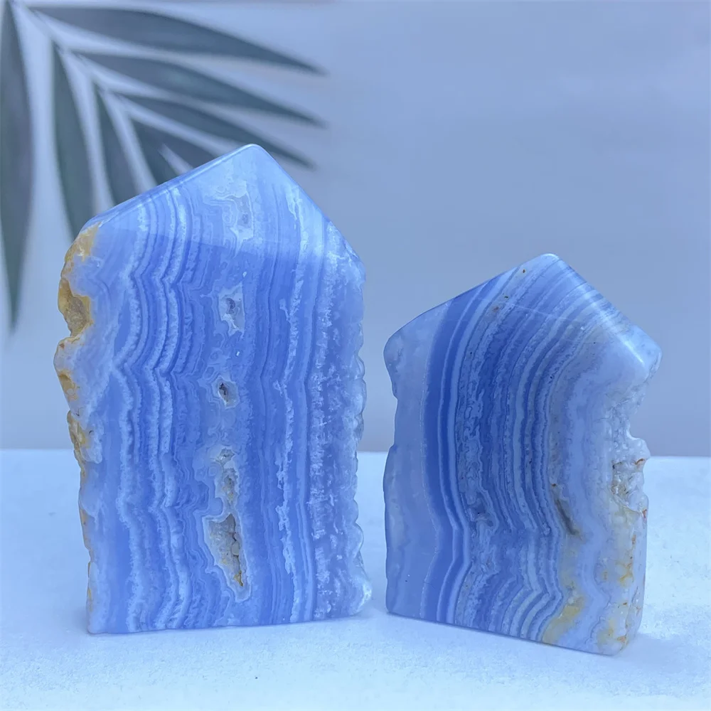 

Natural Gem Blue Lace Striped Agate Crystal Tower Magic Wand Leaf Shape Witchcraft Feng Shui Ornaments Home Decoration Gifts