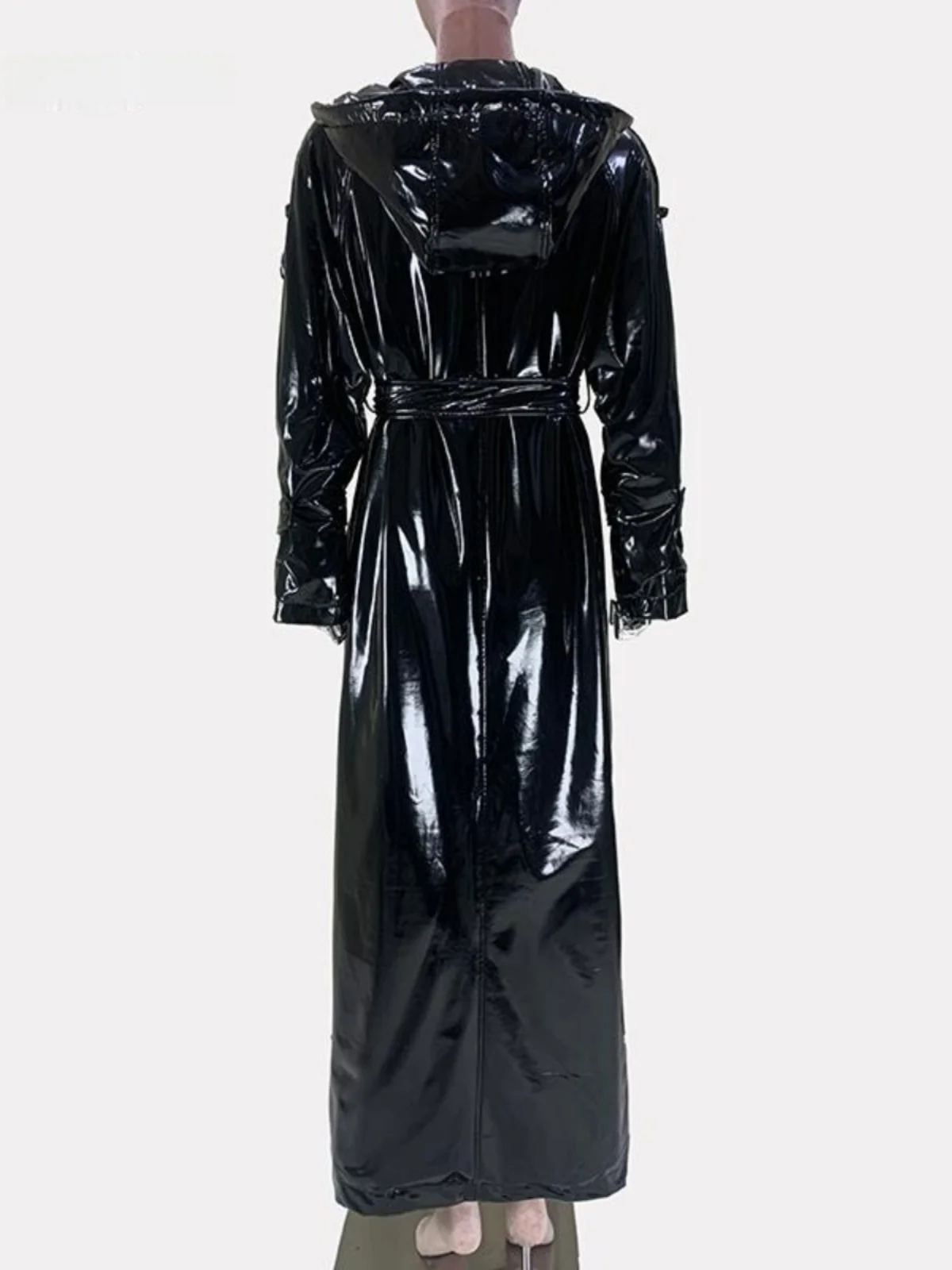 

Nerazzurri Glossy Black PU Leather Jacket Women's Long Coat Coat with Hood Street Style Loose Fit Shoulder Pads Autumn Wear
