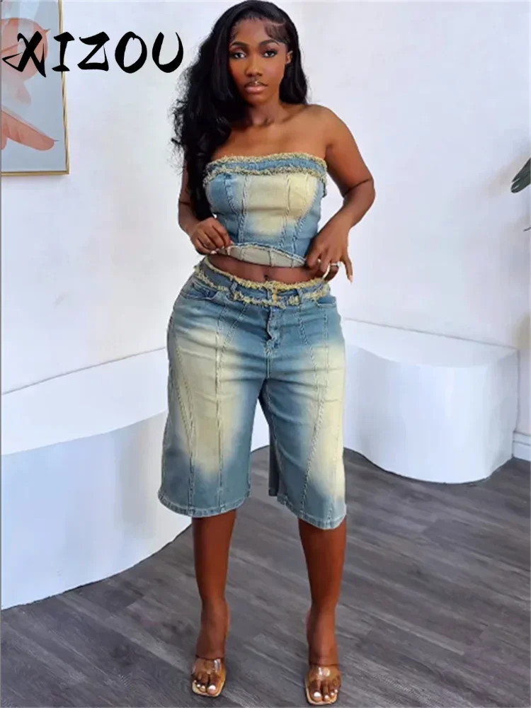 

XIZOU Cowboy 2 Piece Set Women Vintage Hipster Wrap Zip Backless Tube Tops+Button Straight Shorts Sexy Summer Matching Suit