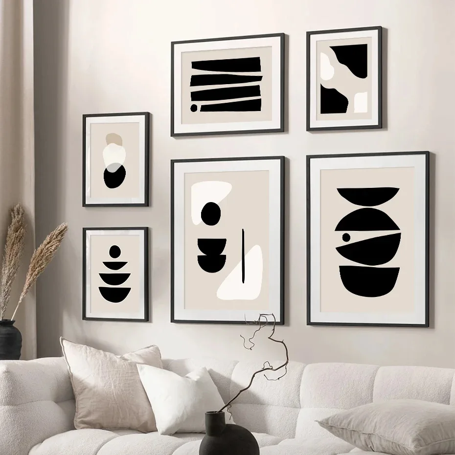 

Modern Nordic Abstract Black and White Geometric Block Line Art Poster Family Living Room Bedroom Dining Room Cafe Decoration